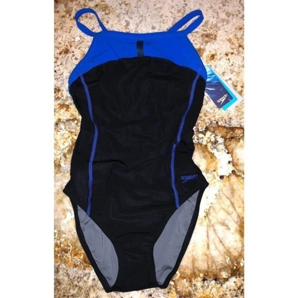 SPEEDO Bolt Splice Drill Back Swim‎ Suit BLUE Womens Sz 2 28